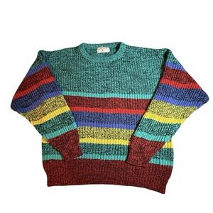 Vintage 90s Saturdays Rainbow Stripe Chunky Knit Sweater Large Boxy Retro‎